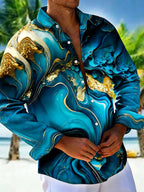 Oceanlyte Men's Printed Marble Effect Print Gold Veins Print Long Sleeve Shirt with Chest Pocket