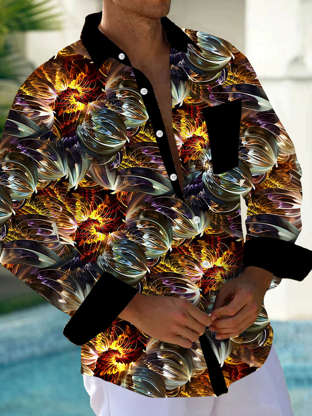 Oceanlyte Men's Vintage Style Abstract Floral Print Long Sleeve Shirt with Chest Pocket