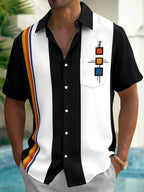 Oceanlyte Men's Striped Geometric Squares Print Short Sleeve Shirt with Chest Pocket