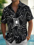 Oceanlyte Men's Abstract Swirling Black And White Lines Print Short Sleeve Shirt with Chest Pocket