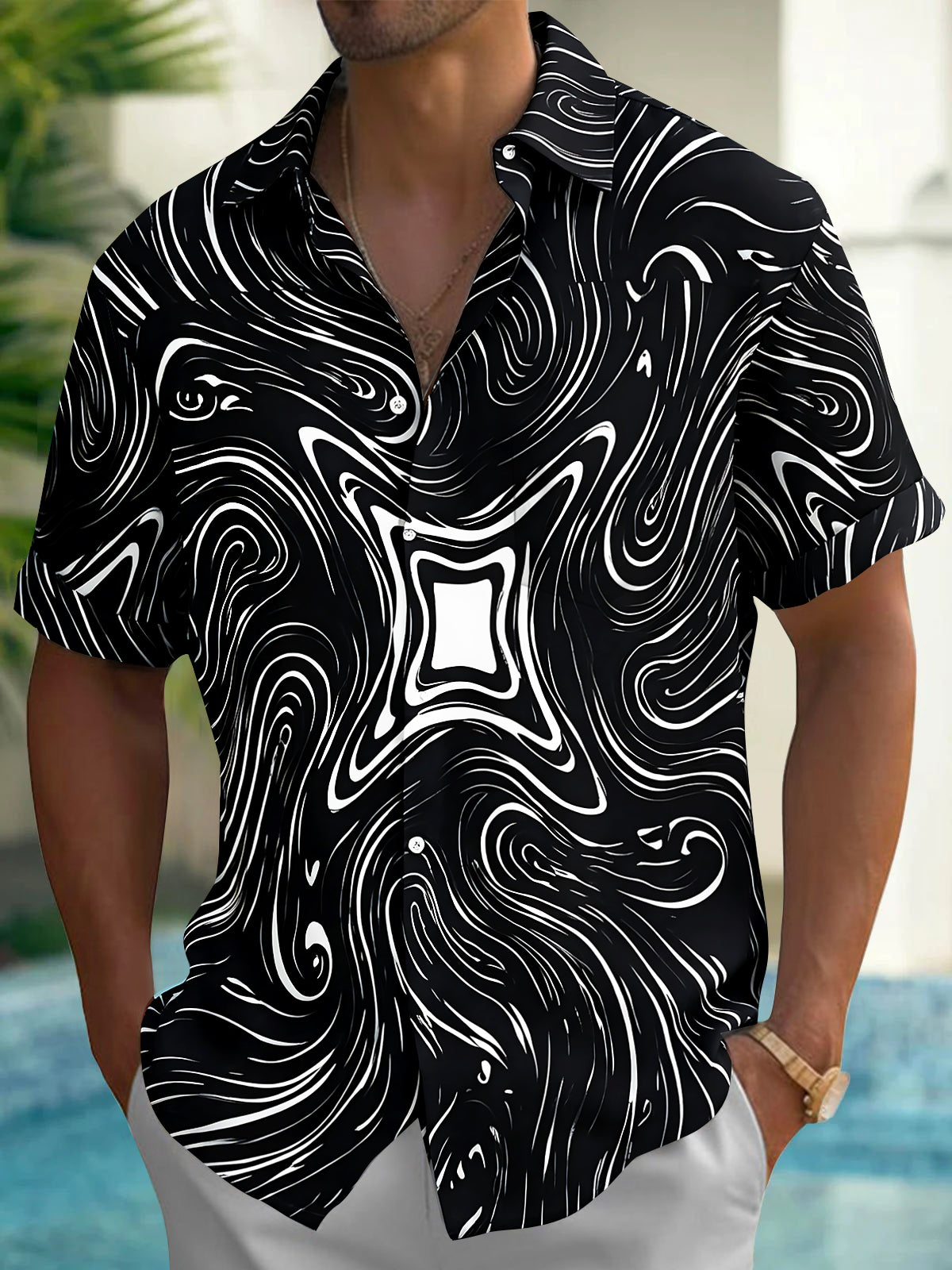 Oceanlyte Men's Abstract Swirling Black And White Lines Print Short Sleeve Shirt with Chest Pocket