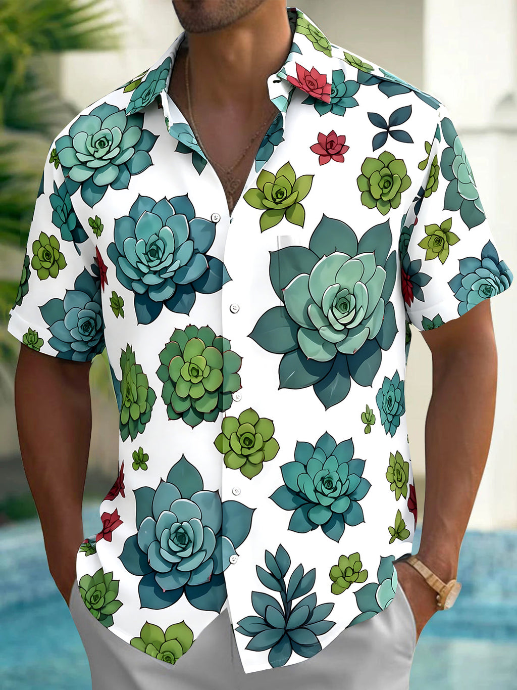 Oceanlyte Men's Hawaiian Succulent Plants Print Short Sleeve Shirt with Chest Pocket