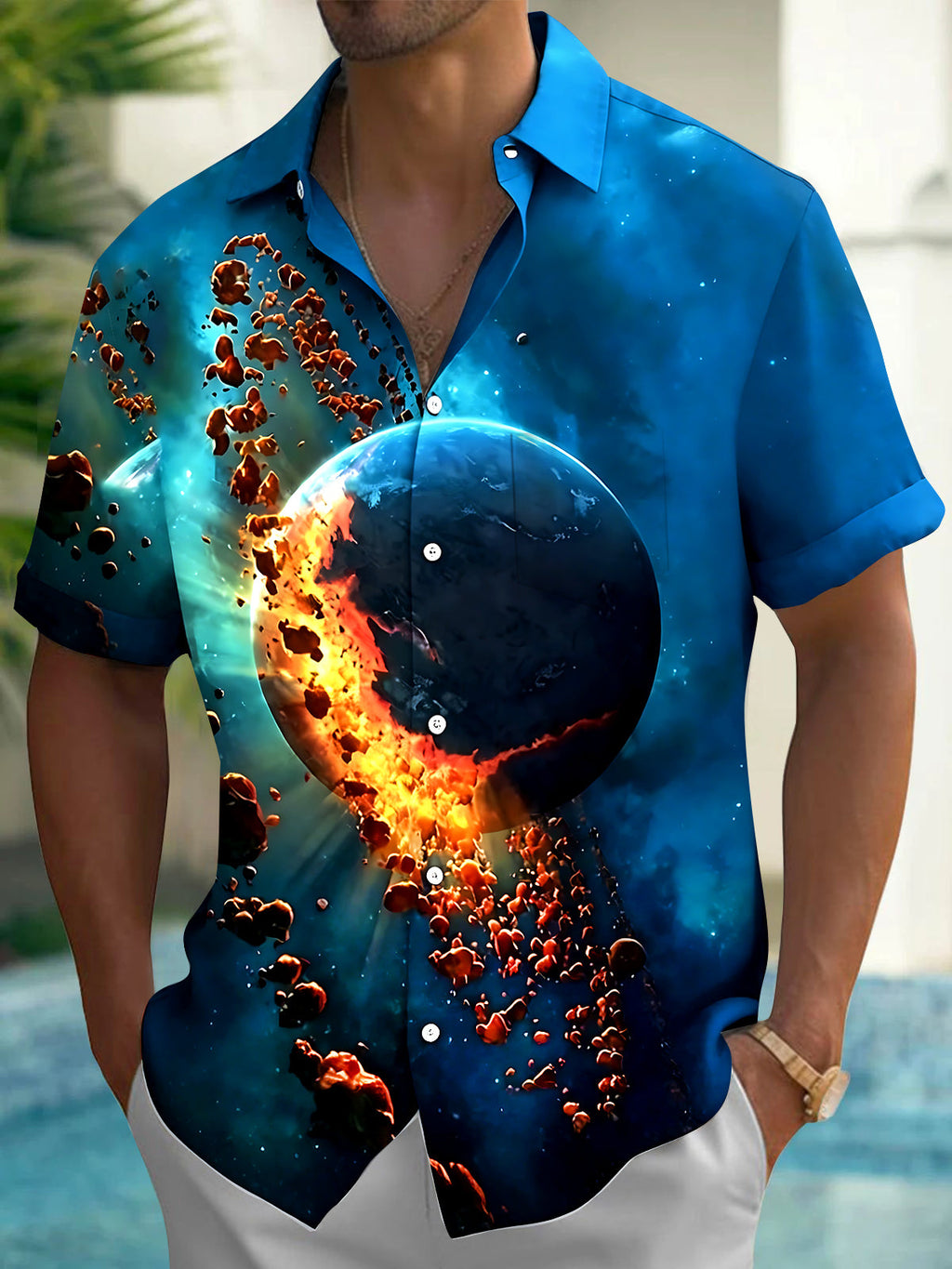 Oceanlyte Men's 3D Explosion Planet Print Short Sleeve Shirt with Chest Pocket
