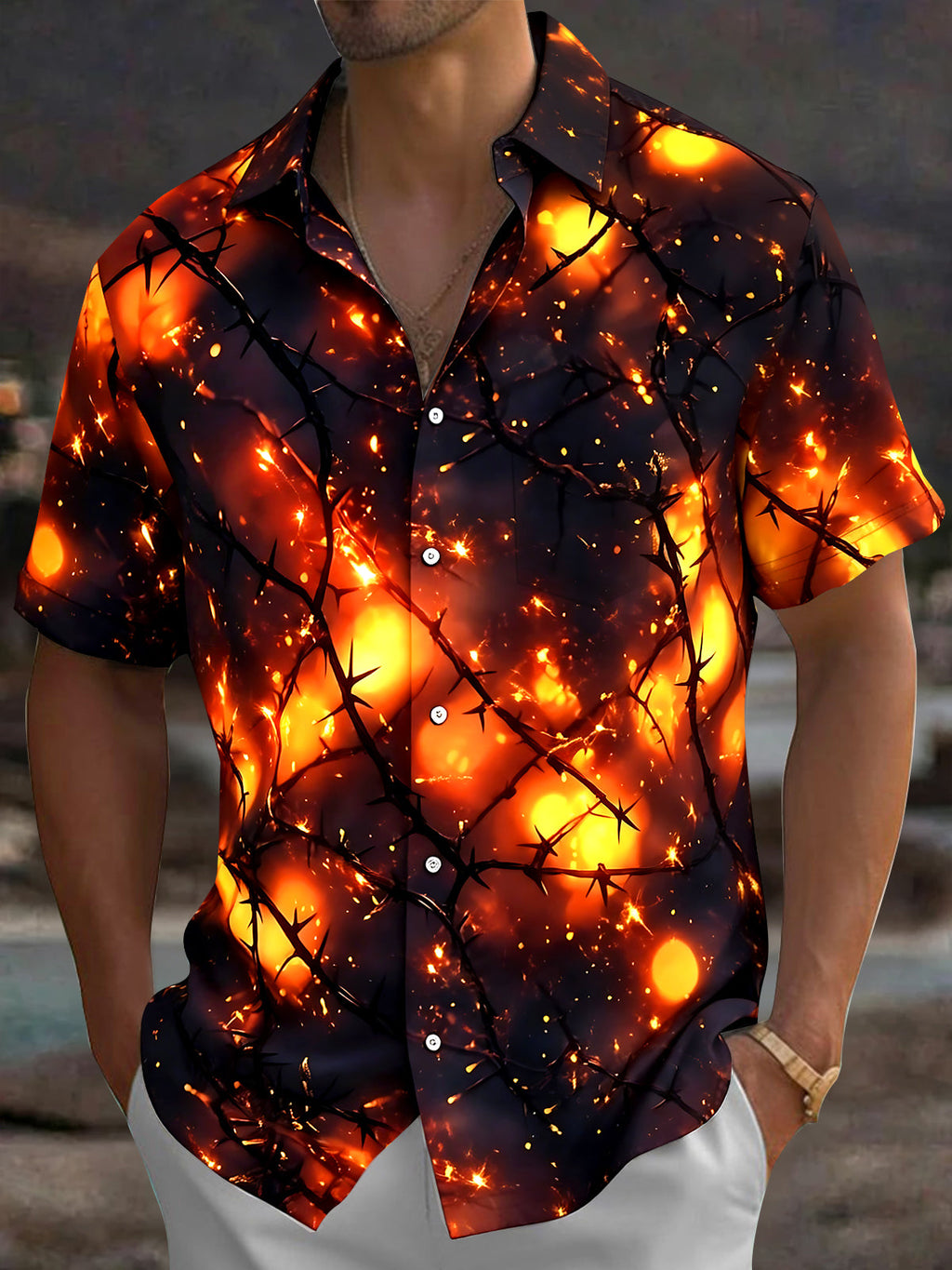Oceanlyte Men's Printed Thorn Branches Print Short Sleeve Shirt with Chest Pocket