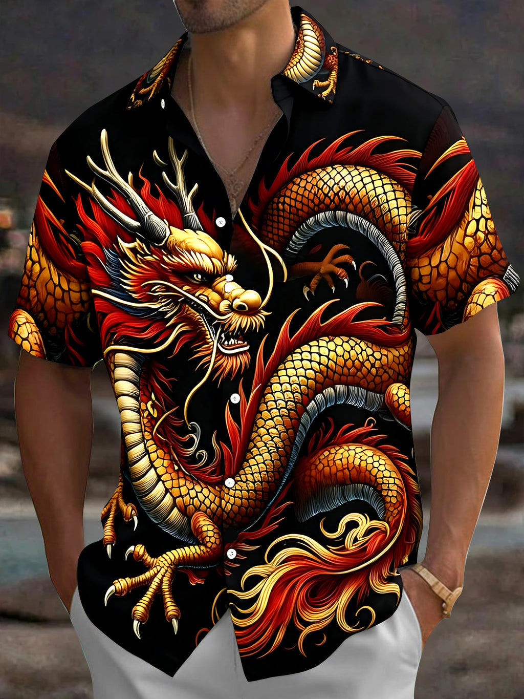 Oceanlyte Men's Hawaiian Chinese Dragon Print Short Sleeve Shirt with Chest Pocket