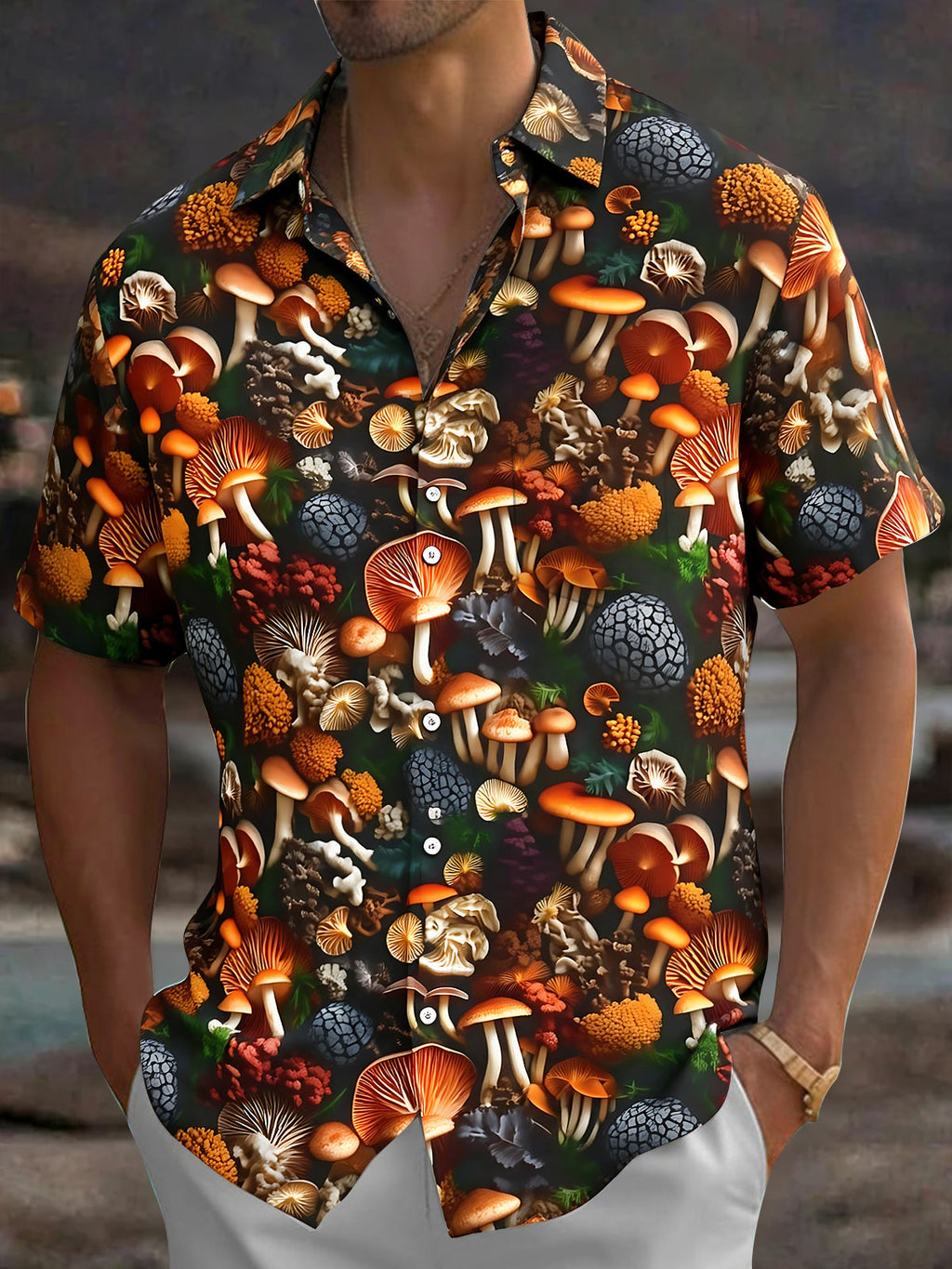 Oceanlyte Men's Hawaiian Mushroom Forest Print Short Sleeve Shirt with Chest Pocket