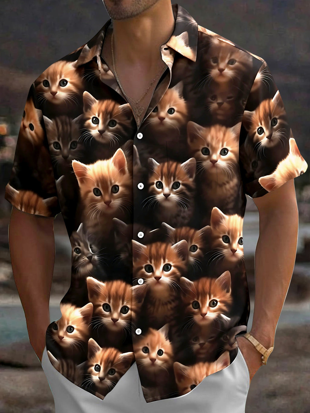 Oceanlyte Men's Vintage Style Kitten Faces Print Cat Print Short Sleeve Shirt with Chest Pocket