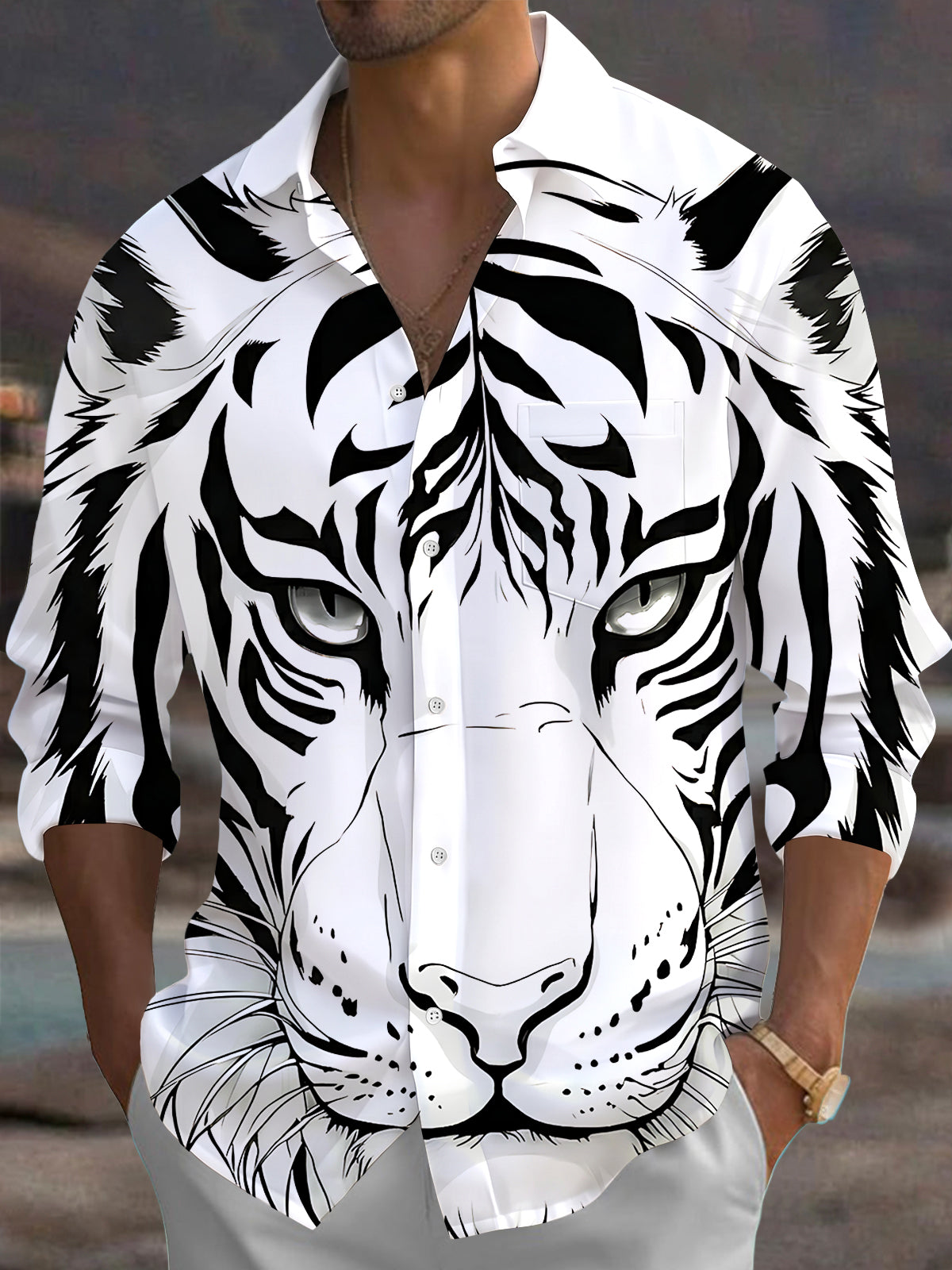 Oceanlyte Men's Graphic Animal Print Long Sleeve Shirt with Chest Pocket