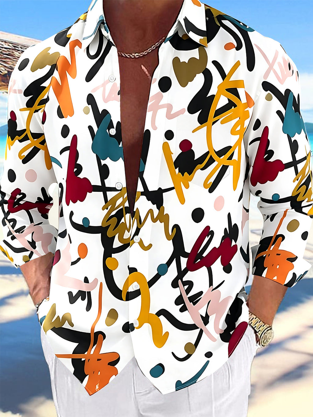 Oceanlyte Men's Printed Abstract Scribble Pattern Long Sleeve Shirt with Chest Pocket