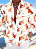 Oceanlyte Men's Hawaiian Goldfish Pattern Orange Fish Print Long Sleeve Shirt with Chest Pocket