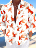 Oceanlyte Men's Hawaiian Goldfish Pattern Orange Fish Print Long Sleeve Shirt with Chest Pocket