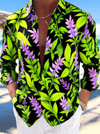 Oceanlyte Men's Hawaiian Purple Flowers Print Long Sleeve Shirt with Chest Pocket