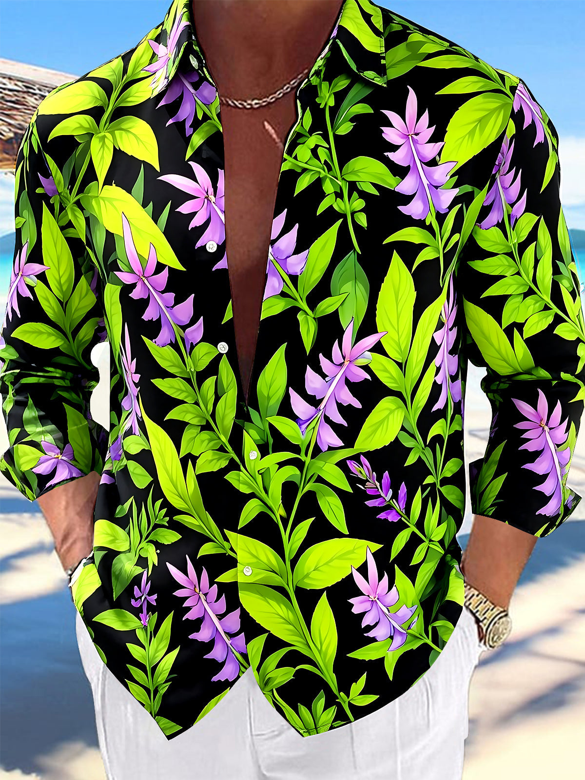 Oceanlyte Men's Hawaiian Purple Flowers Print Long Sleeve Shirt with Chest Pocket