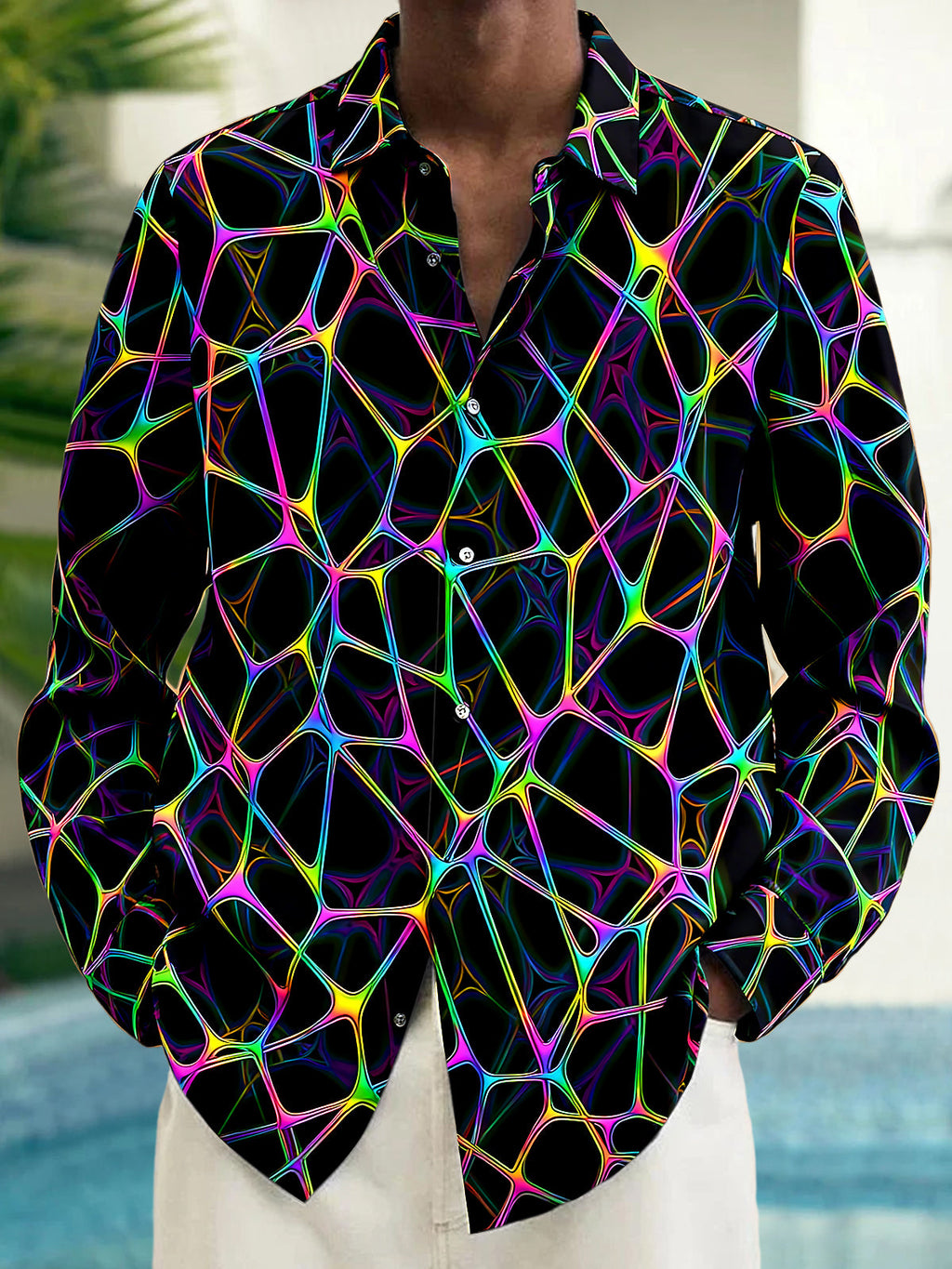 Oceanlyte Men's Abstract Neon Geometric Web Print Long Sleeve Shirt with Chest Pocket