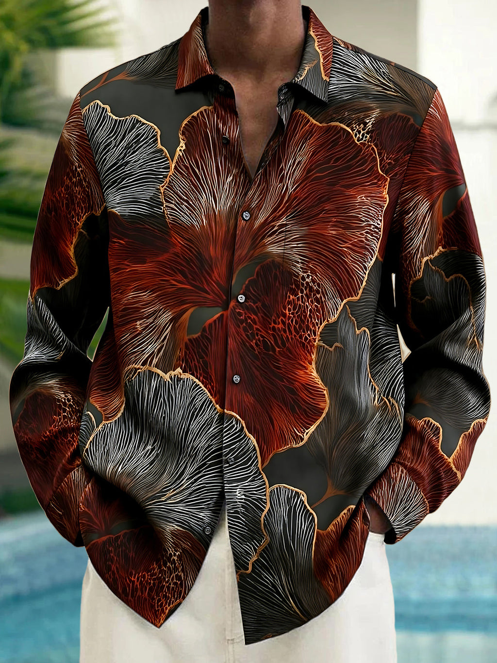 Oceanlyte Men's Printed Abstract Floral Pattern Long Sleeve Shirt with Chest Pocket