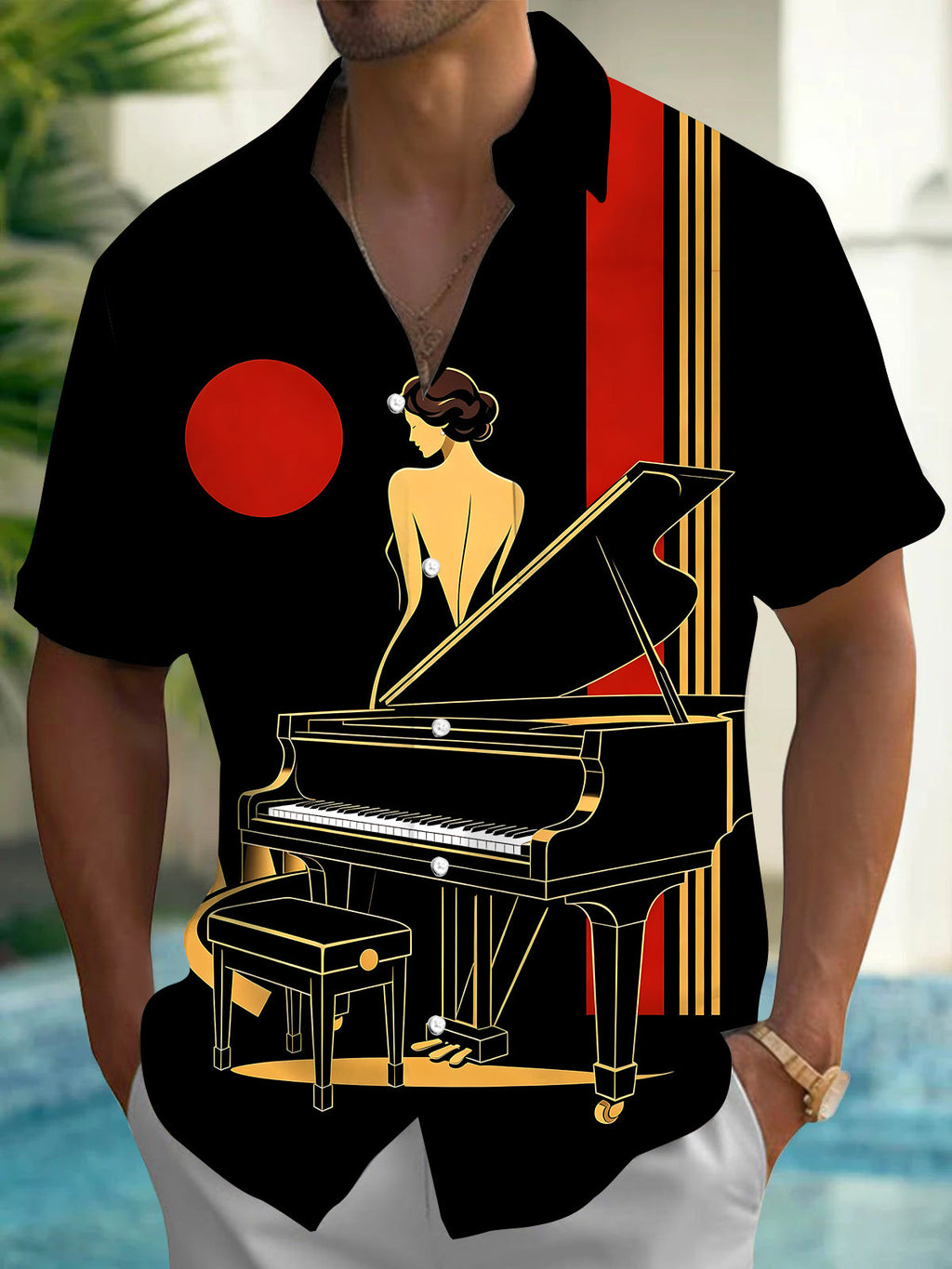 Oceanlyte Men's Retro Piano Player Print Grand Piano Print Short Sleeve Shirt with Chest Pocket