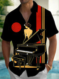 Oceanlyte Men's Retro Piano Player Print Grand Piano Print Short Sleeve Shirt with Chest Pocket