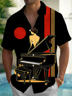 Oceanlyte Men's Retro Piano Player Print Grand Piano Print Short Sleeve Shirt with Chest Pocket