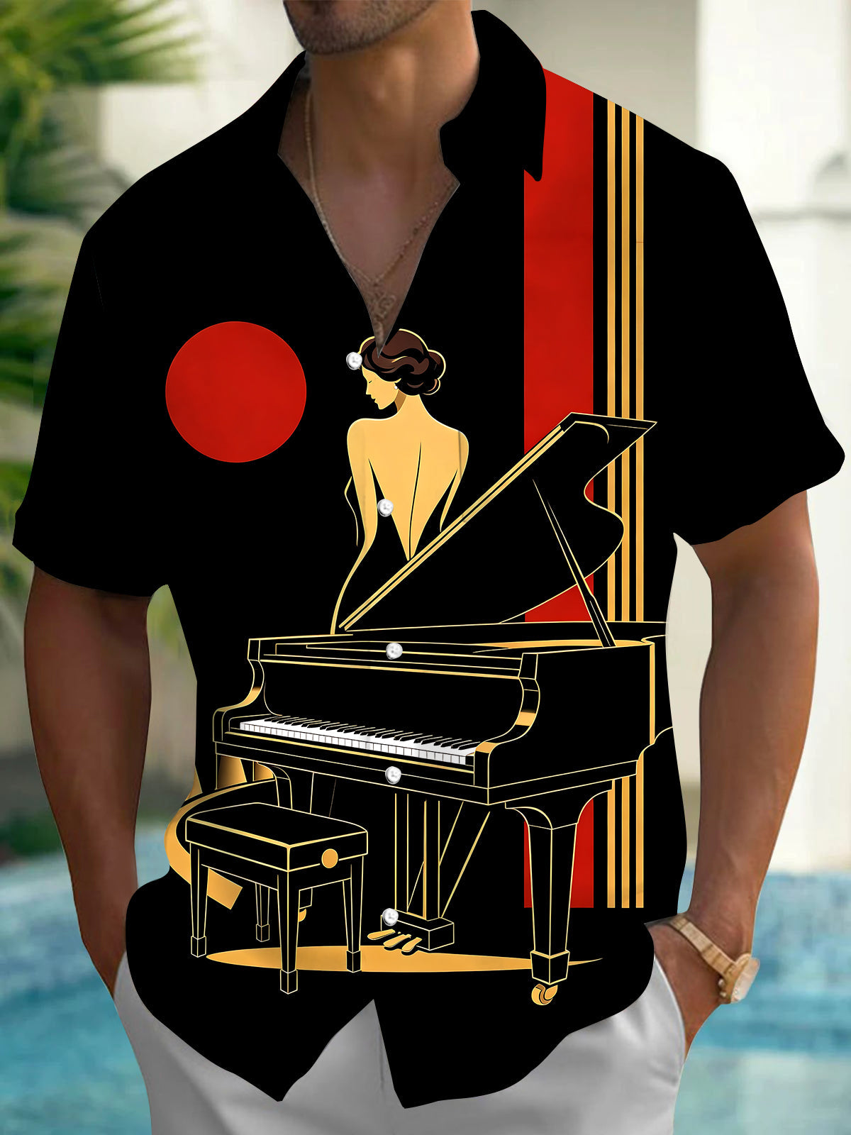 Oceanlyte Men's Retro Piano Player Print Grand Piano Print Short Sleeve Shirt with Chest Pocket