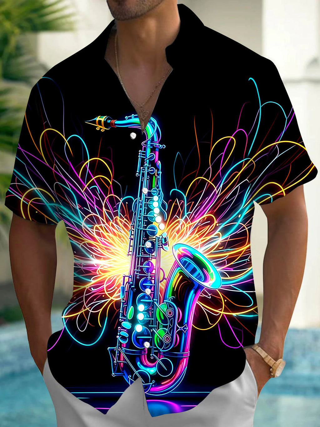 Oceanlyte Men's Graphic Neon Saxophone Print Short Sleeve Shirt with Chest Pocket
