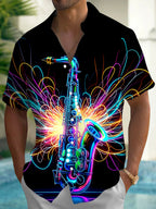 Oceanlyte Men's Graphic Neon Saxophone Print Short Sleeve Shirt with Chest Pocket