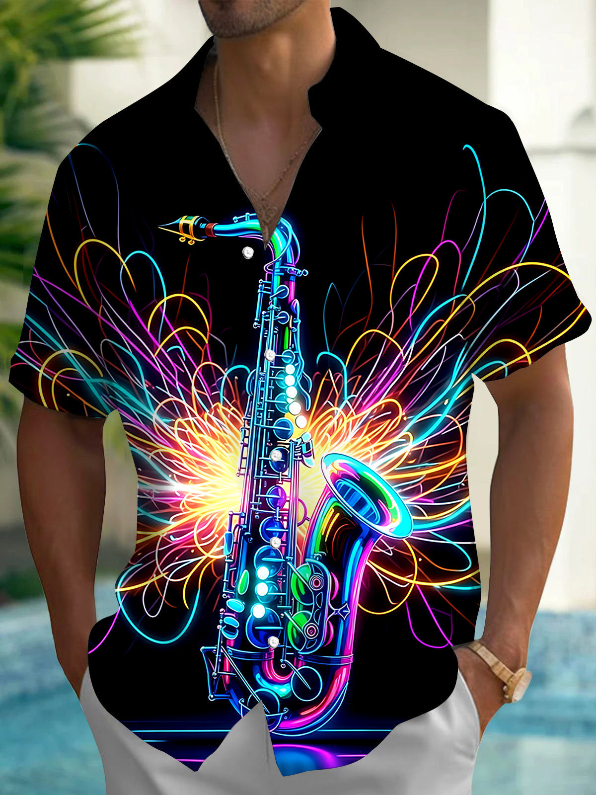 Oceanlyte Men's Graphic Neon Saxophone Print Short Sleeve Shirt with Chest Pocket