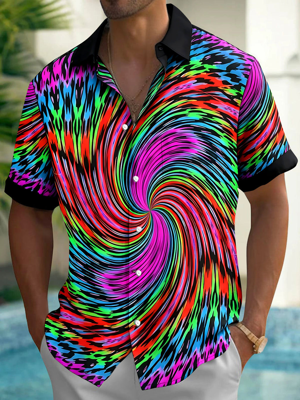 Oceanlyte Men's Psychedelic Swirl Pattern Short Sleeve Shirt with Chest Pocket