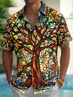 Oceanlyte Men's Printed Stained Glass Tree Print Short Sleeve Shirt with Chest Pocket