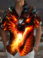 Oceanlyte Men's Graphic Fire Dragon Print Glowing Eyes Print Short Sleeve Shirt with Chest Pocket