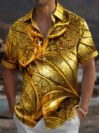 Oceanlyte Men's Hawaiian Gold Leaf Pattern 3D Floral Print Short Sleeve Shirt with Chest Pocket