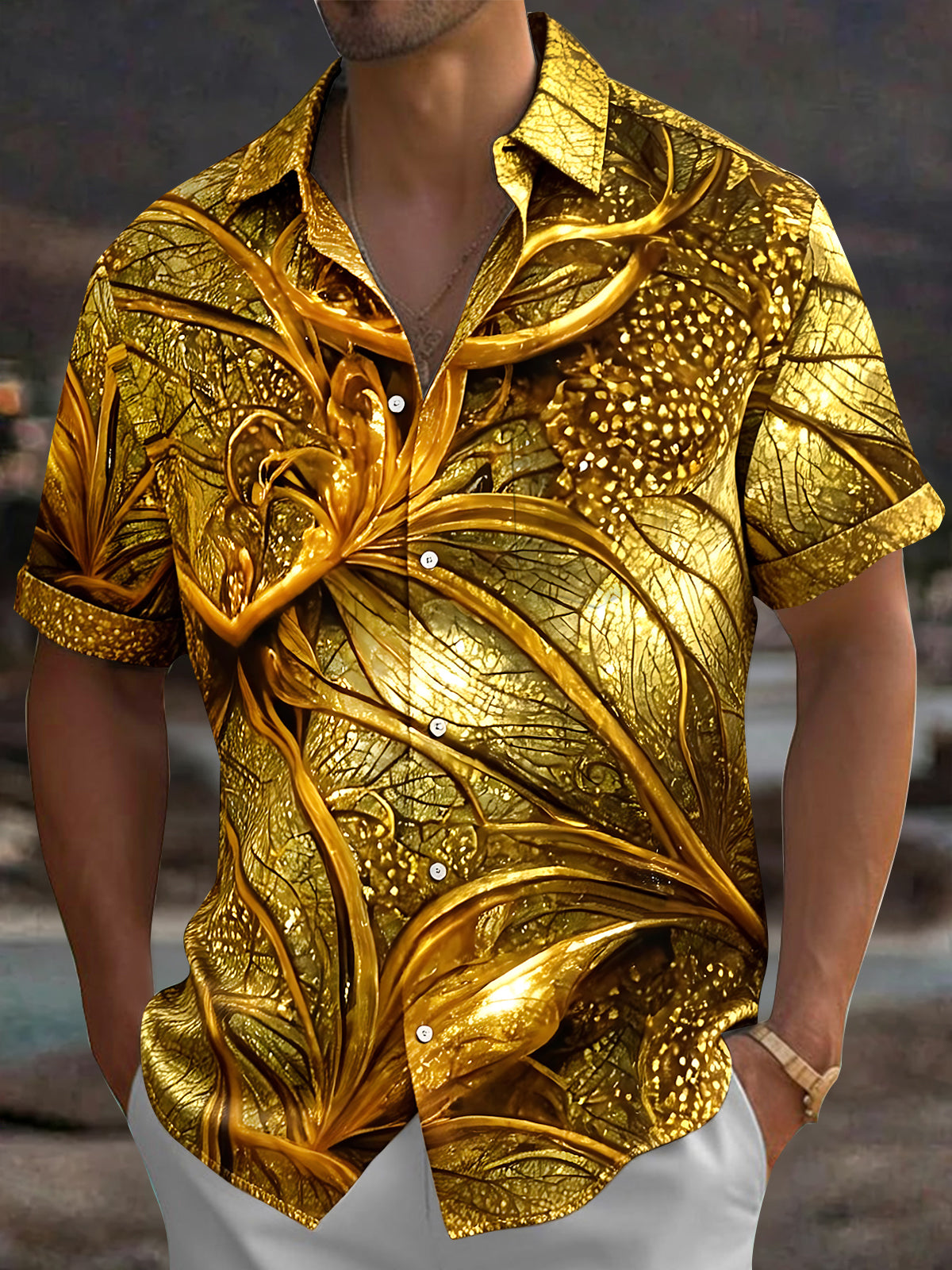 Oceanlyte Men's Hawaiian Gold Leaf Pattern 3D Floral Print Short Sleeve Shirt with Chest Pocket