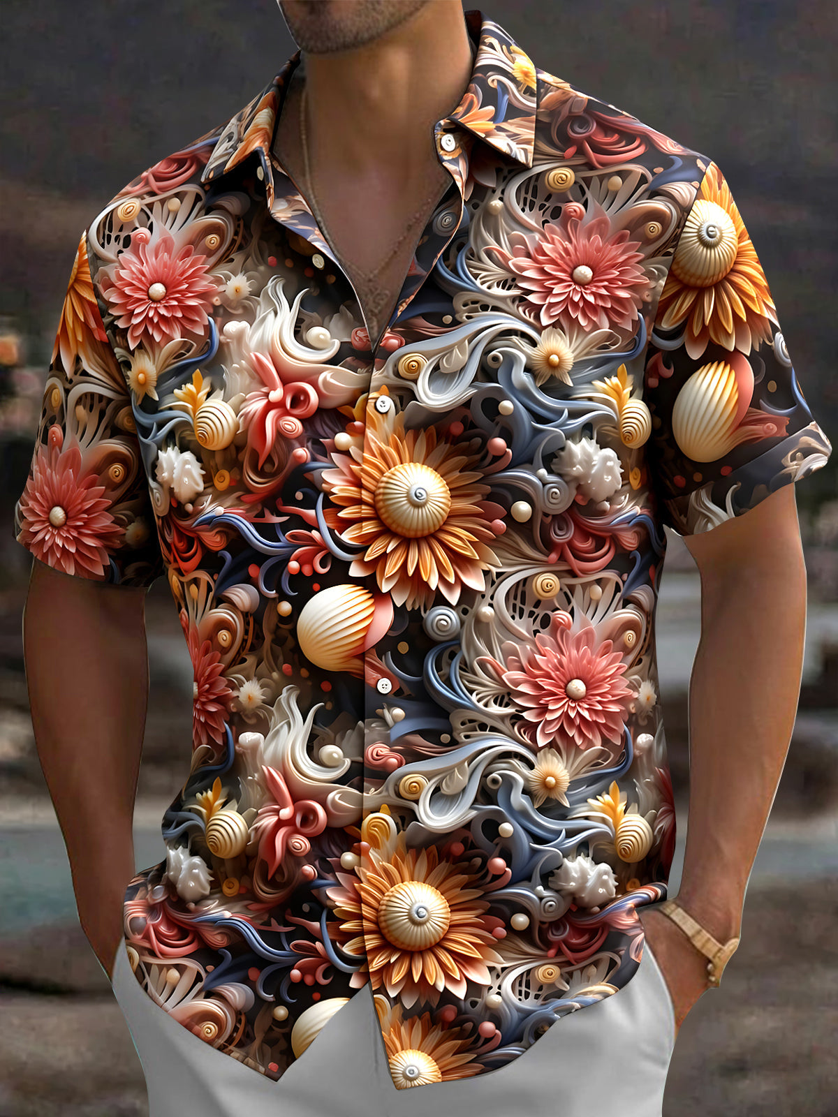 Oceanlyte Men's Hawaiian 3D Relief Floral Print Short Sleeve Shirt with Chest Pocket