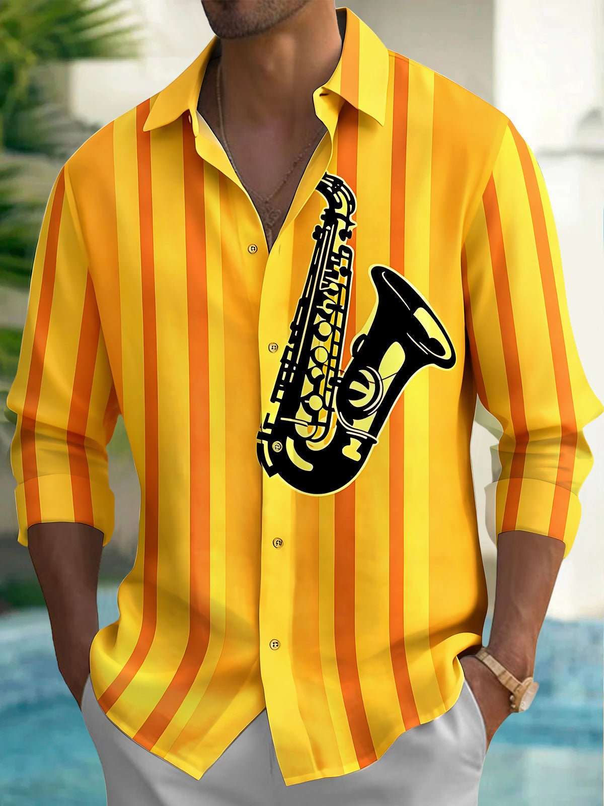 Oceanlyte Men's Striped Saxophone Graphic Long Sleeve Shirt with Chest Pocket