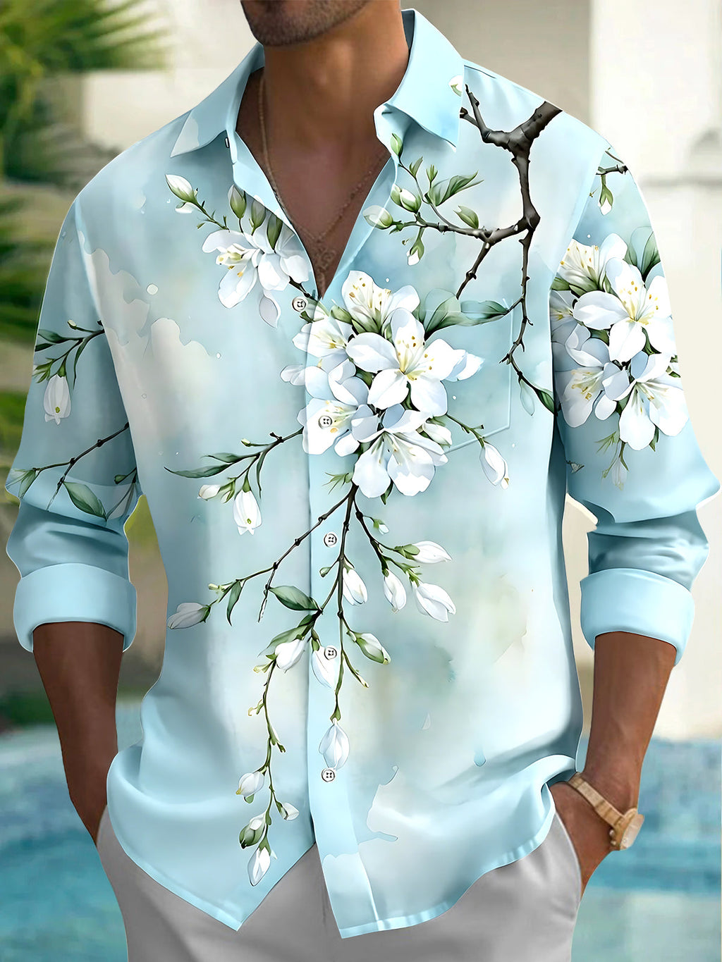 Oceanlyte Men's Floral White Blossom Branch Print Long Sleeve Shirt with Chest Pocket