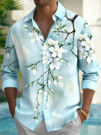 Oceanlyte Men's Floral White Blossom Branch Print Long Sleeve Shirt with Chest Pocket