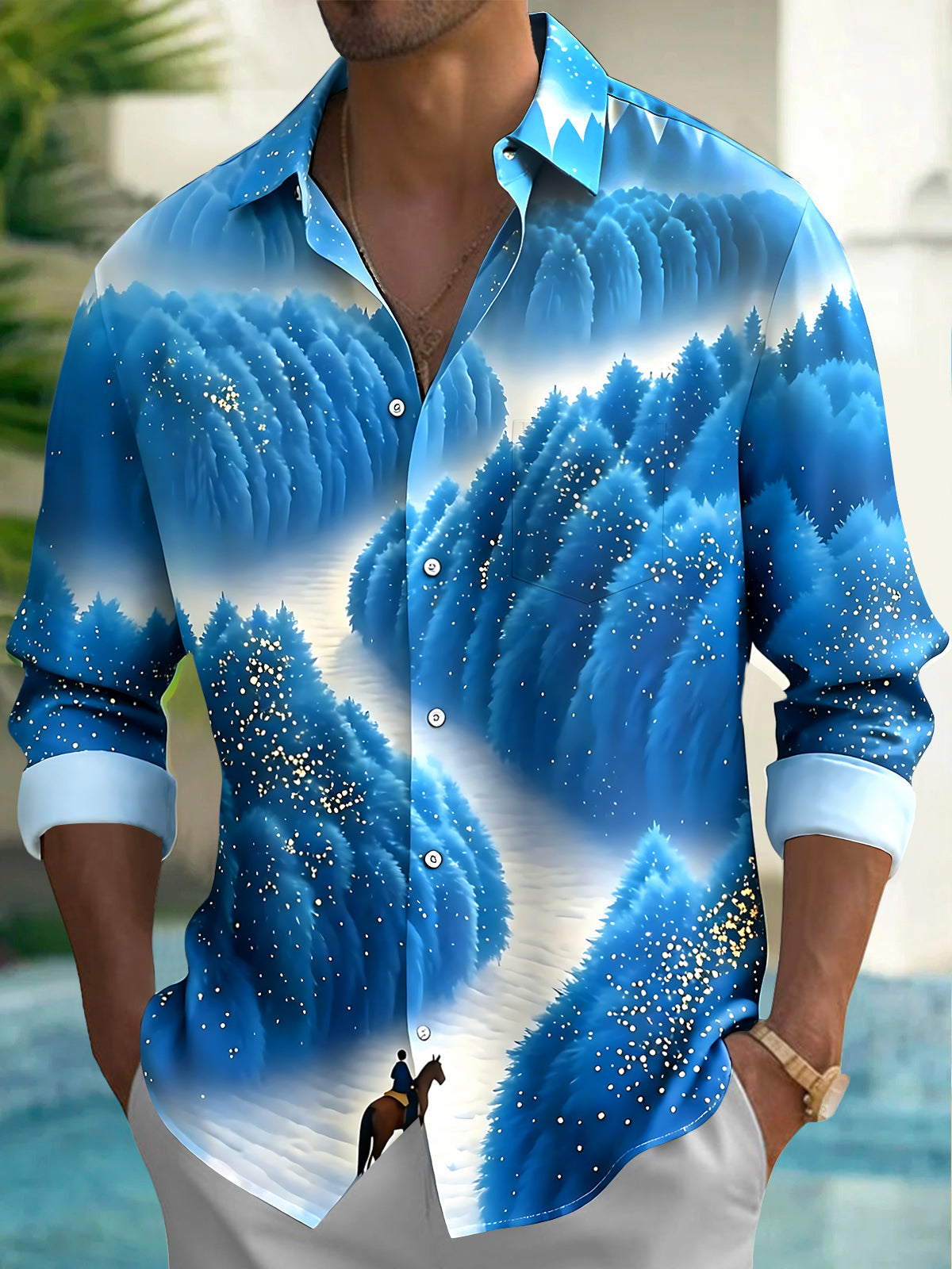 Oceanlyte Men's Graphic Winter Forest Landscape Print Long Sleeve Shirt with Chest Pocket