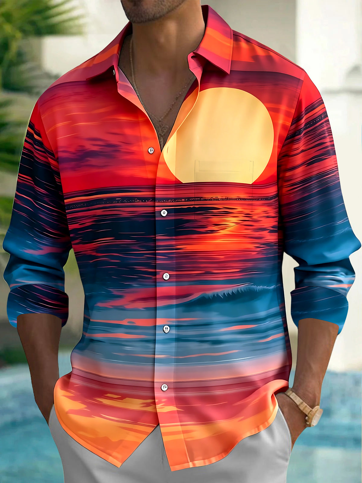 Oceanlyte Men's Hawaiian Sunset Over Ocean Print Long Sleeve Shirt with Chest Pocket