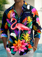 Oceanlyte Men's Hawaiian Flamingo Print Tropical Flowers Print Long Sleeve Shirt with Chest Pocket