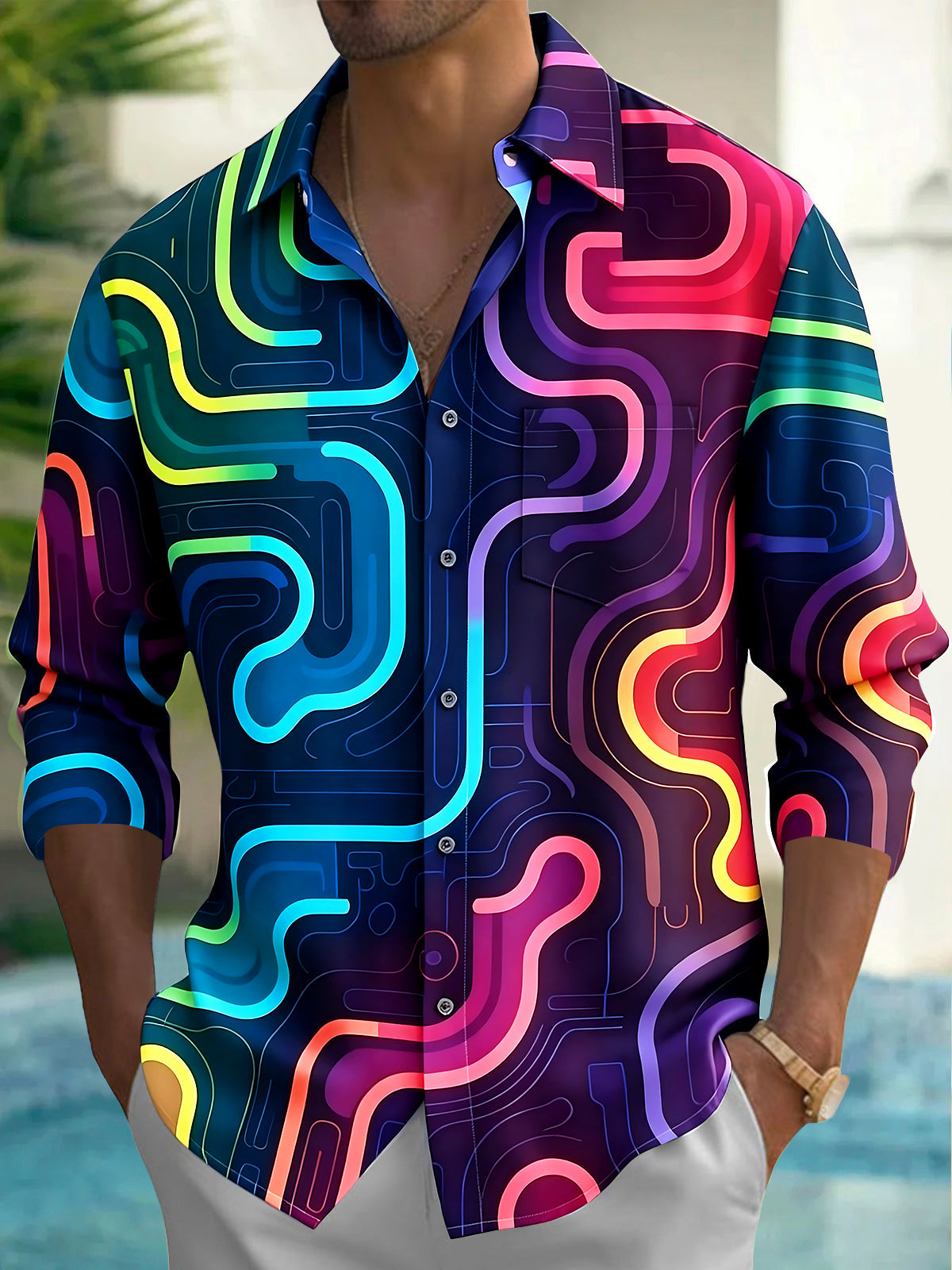 Oceanlyte Men's Retro Neon Wavy Lines Print Long Sleeve Shirt with Chest Pocket