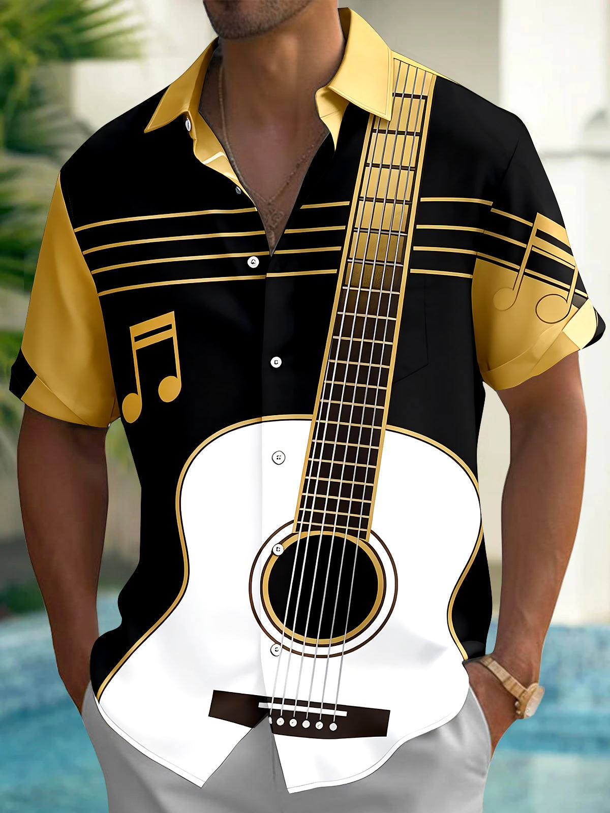 Oceanlyte Men's Graphic Guitar Print Musical Notes Print Short Sleeve Shirt with Chest Pocket