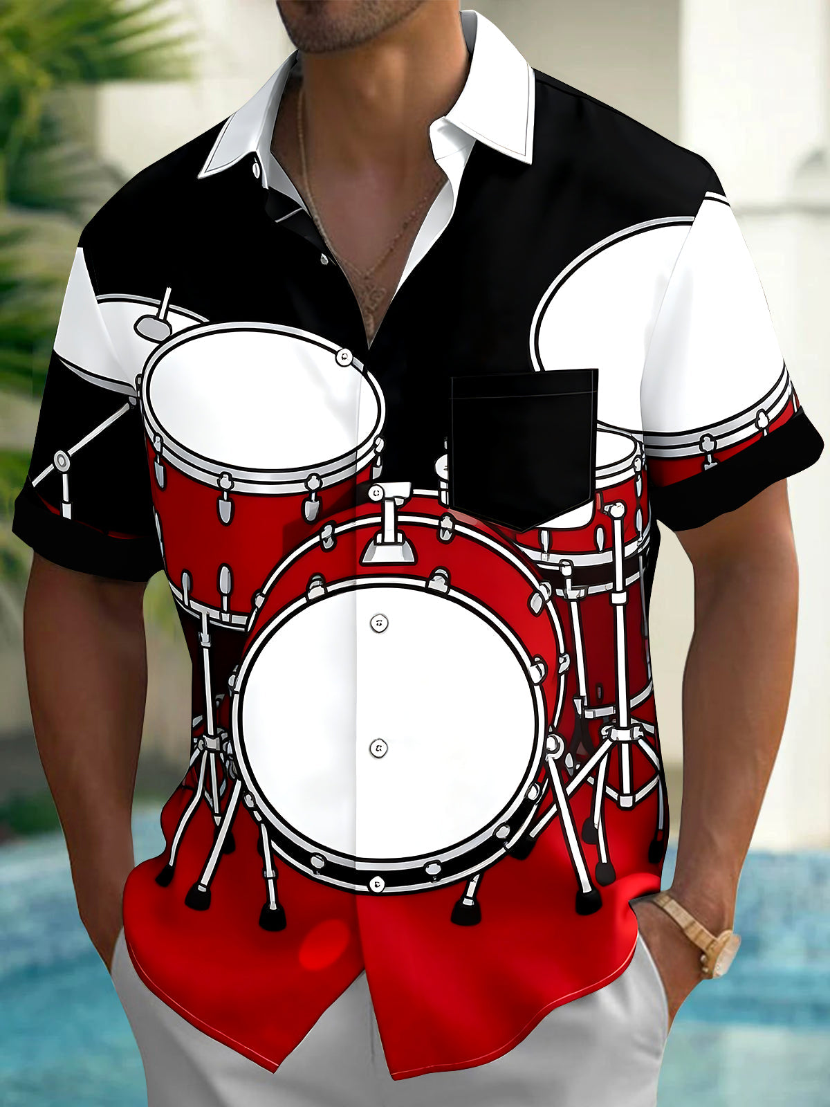 Oceanlyte Men's Graphic Drum Set Print Short Sleeve Shirt with Chest Pocket