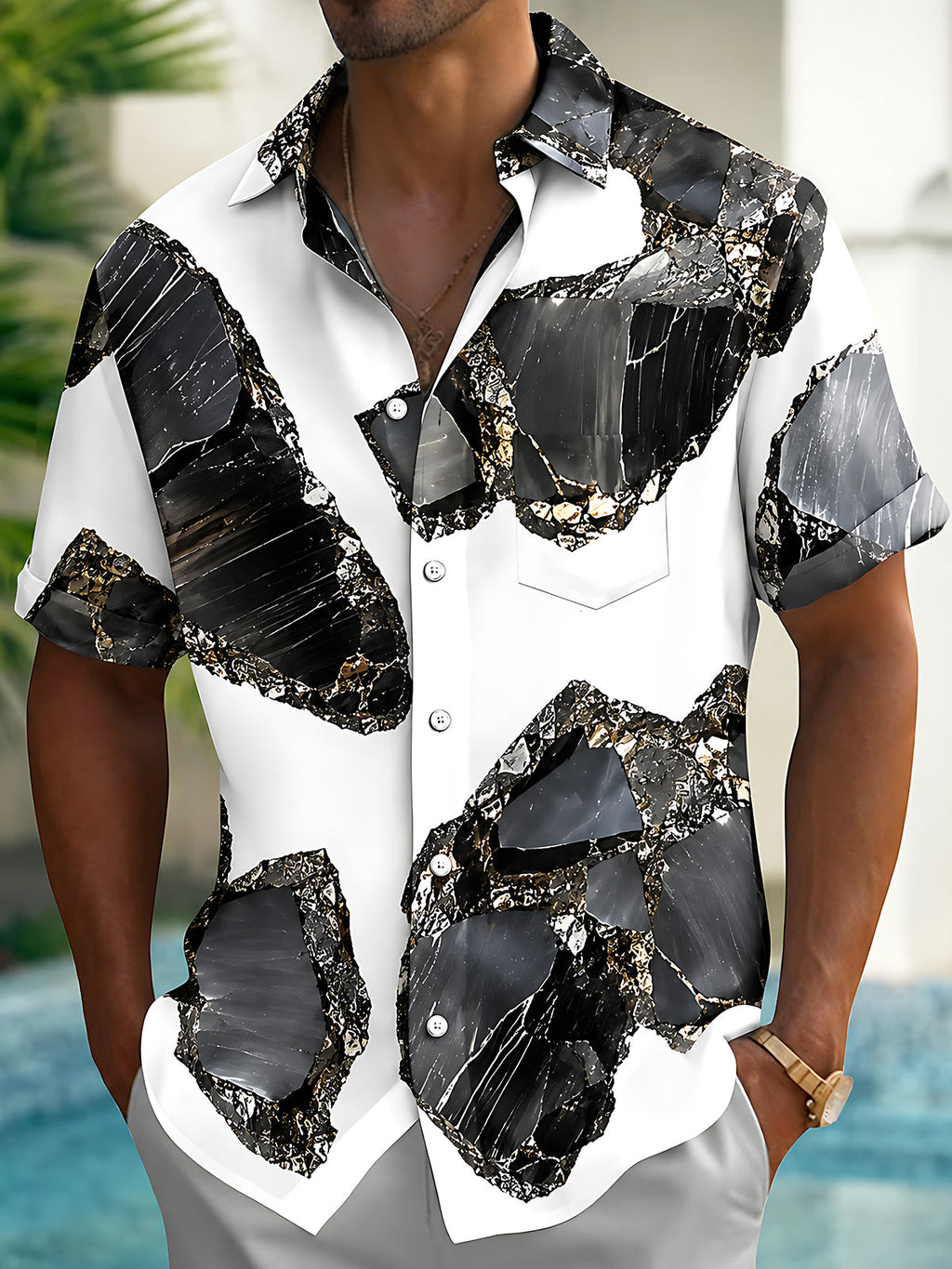 Oceanlyte Men's Printed Abstract Marble Pattern Short Sleeve Shirt with Chest Pocket