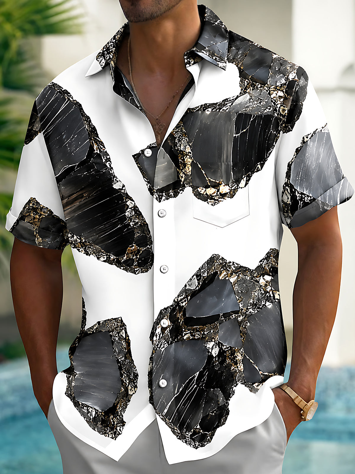 Oceanlyte Men's Printed Abstract Marble Pattern Short Sleeve Shirt with Chest Pocket