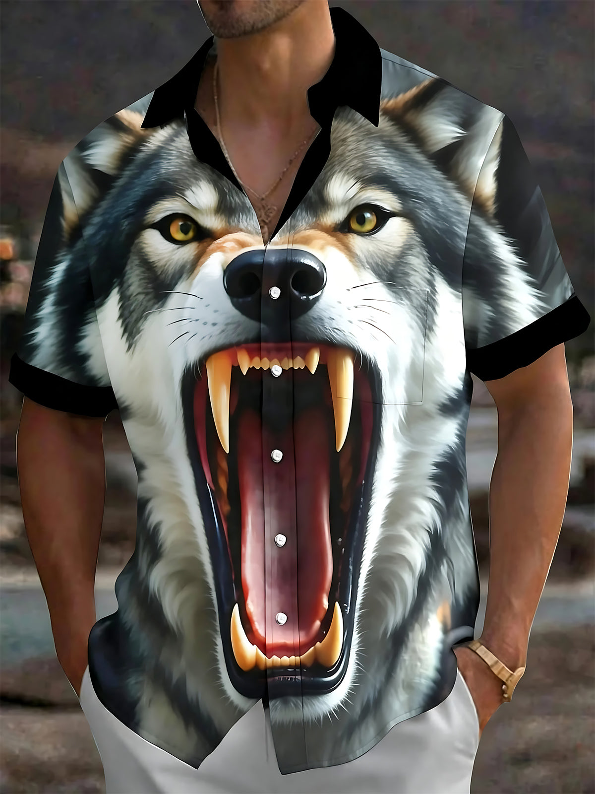 Oceanlyte Men's Graphic Roaring Wolf Face Print Wolf Print Short Sleeve Shirt with Chest Pocket