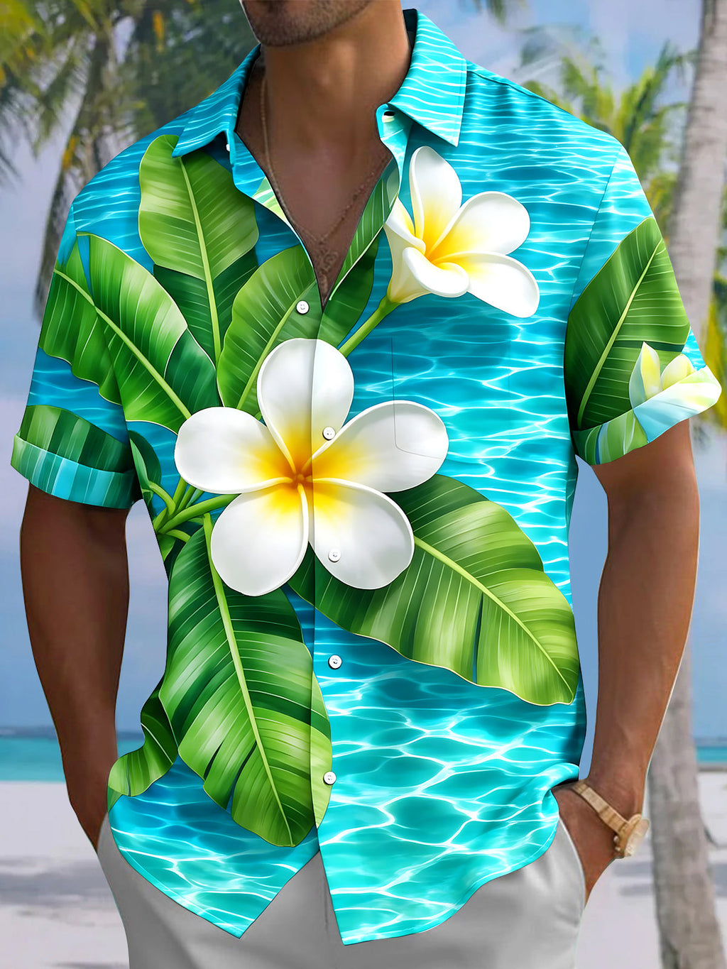 Oceanlyte Men's Hawaiian Plumeria Flower Print Short Sleeve Shirt with Chest Pocket