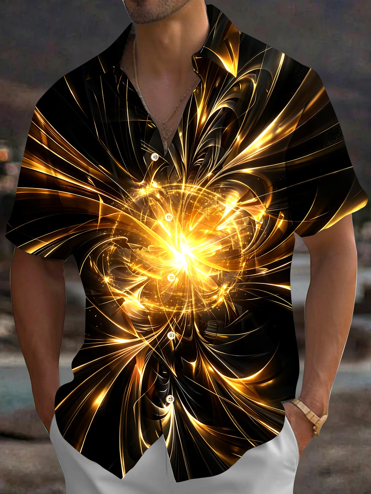 Oceanlyte Men's 3D Golden Light Burst Print Short Sleeve Shirt with Chest Pocket