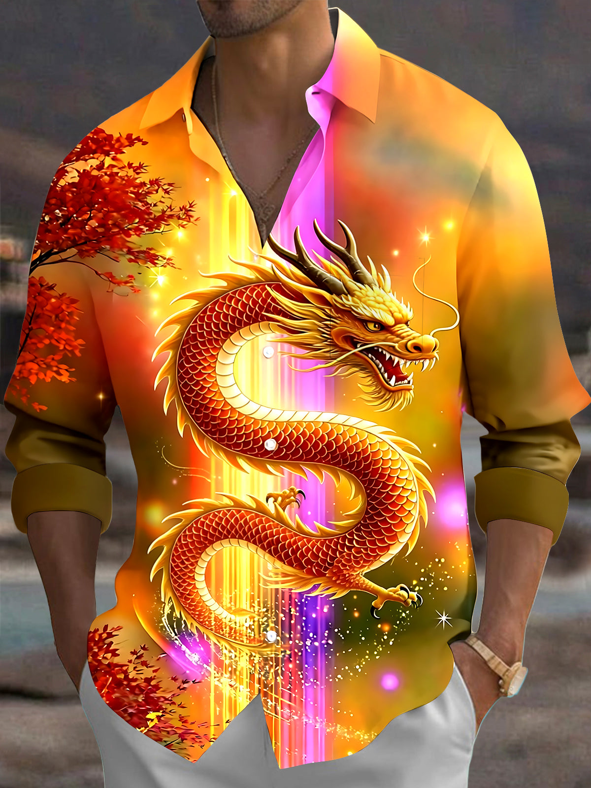 Oceanlyte Men's Graphic Golden Dragon Print Long Sleeve Shirt with Chest Pocket