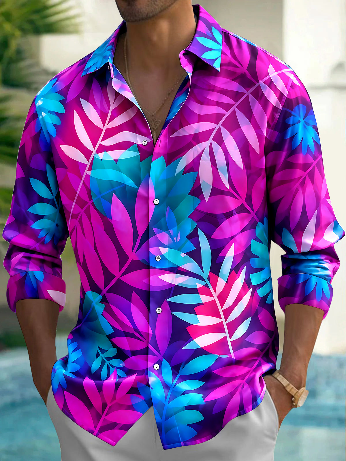 Oceanlyte Men's Hawaiian Tropical Leaf Print Long Sleeve Shirt with Chest Pocket