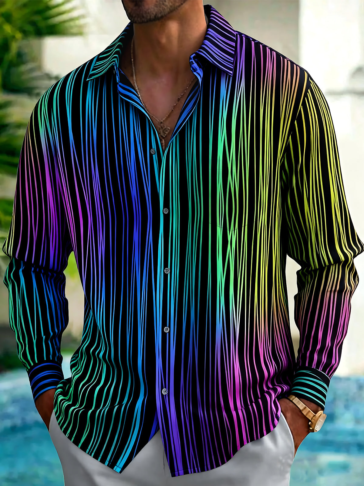 Oceanlyte Men's Striped Rainbow Vertical Stripes Print Long Sleeve Shirt with Chest Pocket