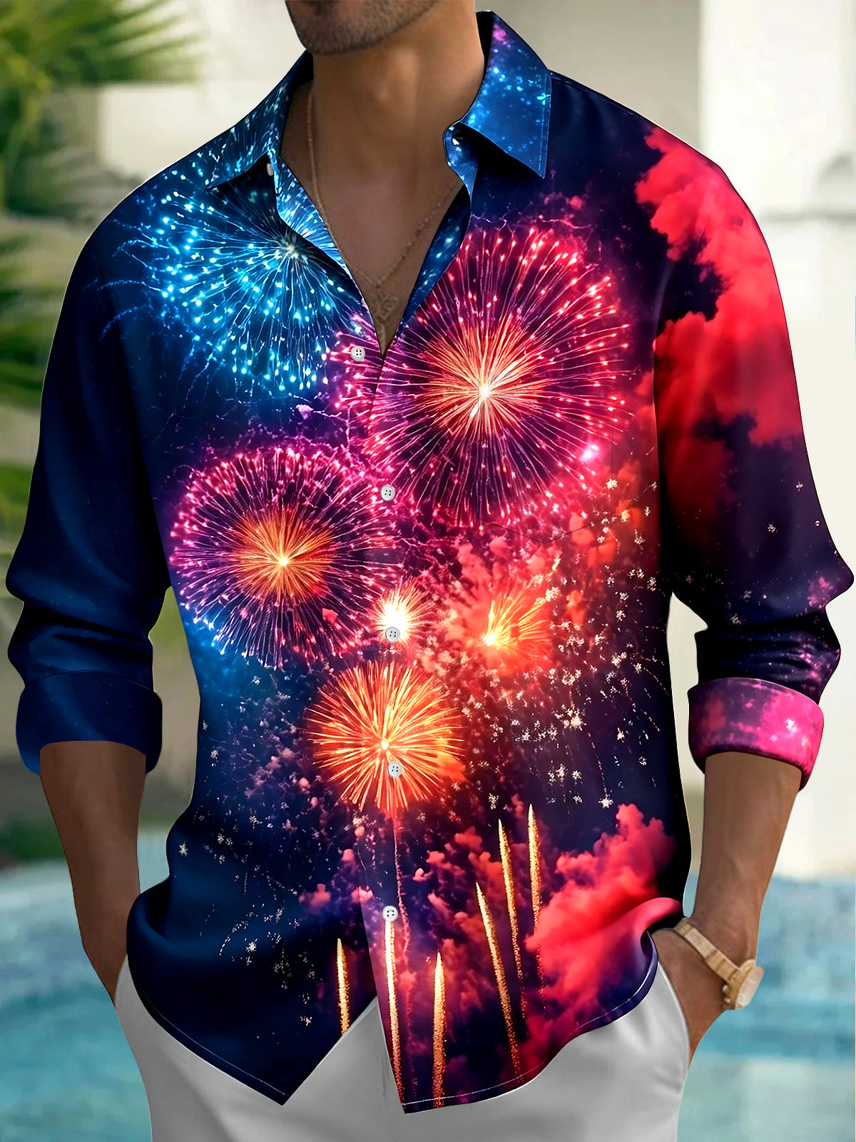 Oceanlyte Men's Printed Fireworks Display Print Long Sleeve Shirt with Chest Pocket